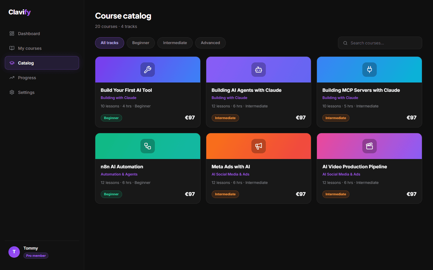 The Clavify course catalog with course cards and filters